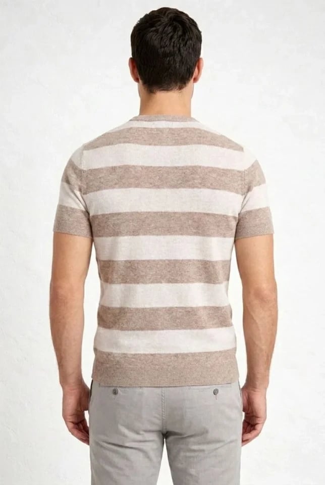 Erkek T-shirt Çizgili Triko Dokuma Bisiklet Yaka Tişört - Bej