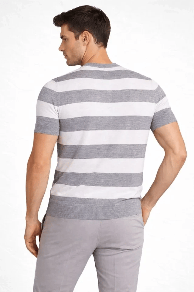 Erkek T-shirt Çizgili Triko Dokuma Bisiklet Yaka Tişört - Gri