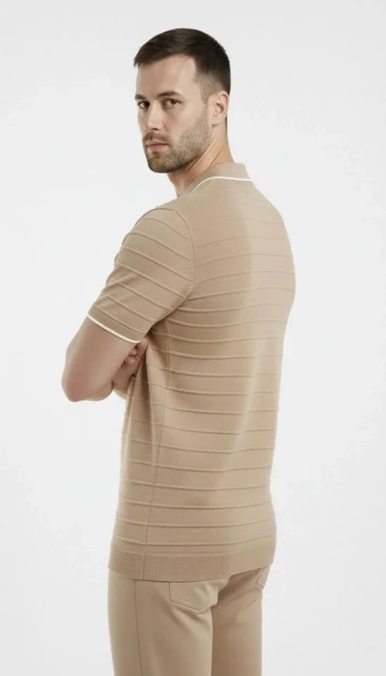 Erkek Triko Kumaş Yakalı Düğmesiz Açık Yaka Fitilli Kısa Kollu Regular Fit Tişört T-shirt - Bej