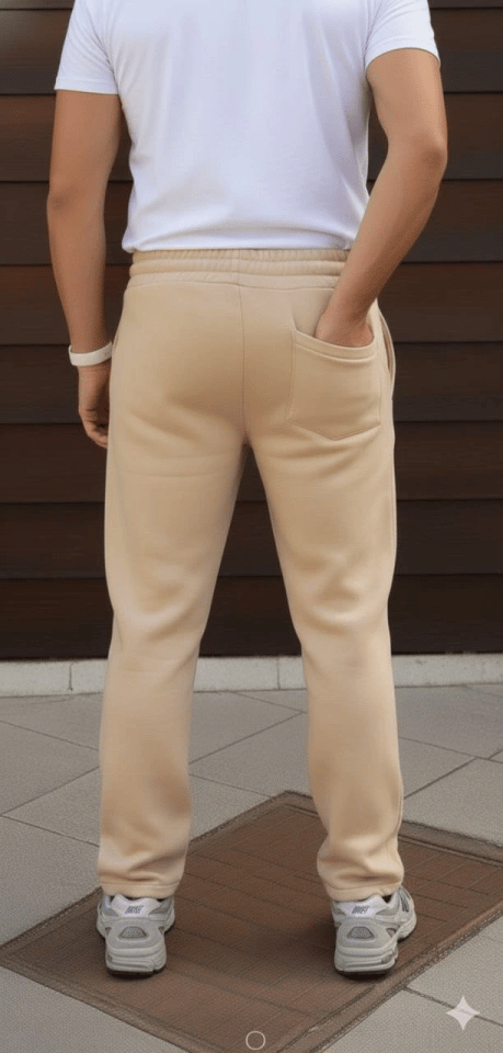 Erkek Üç Iplik Kışlık Pamuklu Ovarsize Bağcıklı Düz Paça Cepli Eşofman Altı Spor Rahat Model - Bej