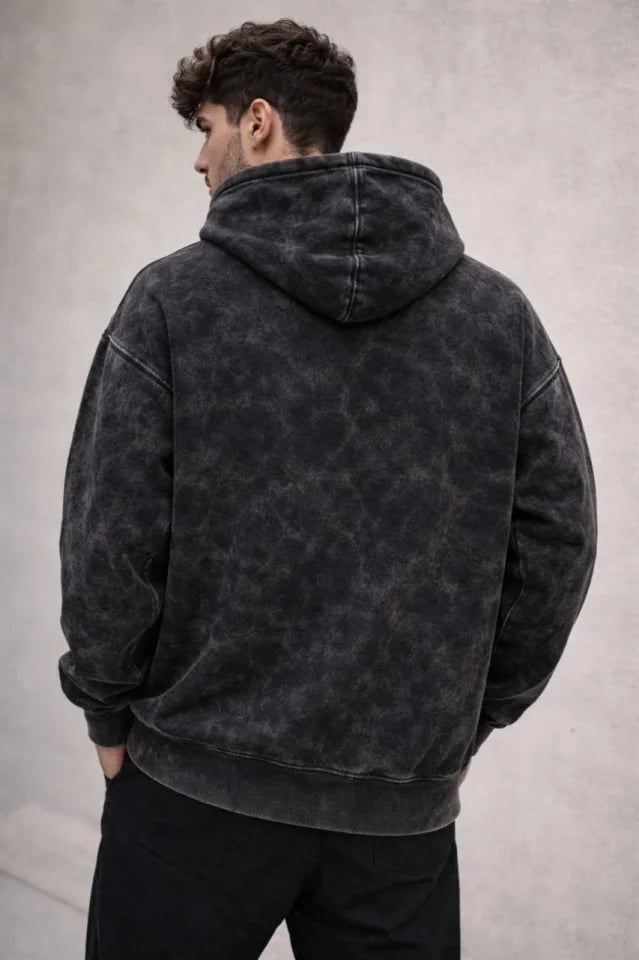 Erkek Yağ Yıkamalı Kapşonlu Double Oversize Üç İplik Pamuklu Sweatshirt - Siyah