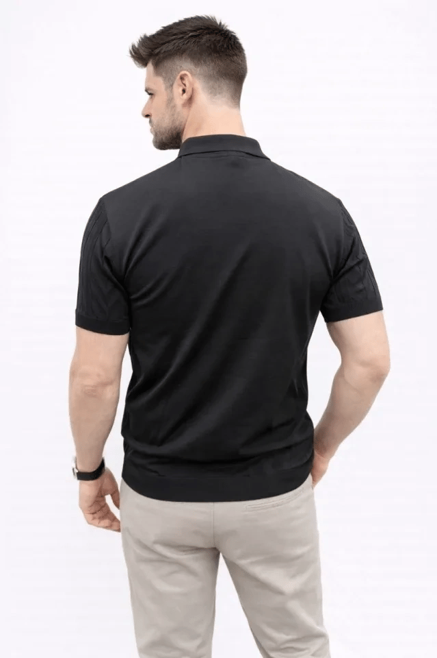 Erkek Yazlık Triko Tişört Kısa Kol Polo Yaka Düğmeli T-Shirt - Siyah