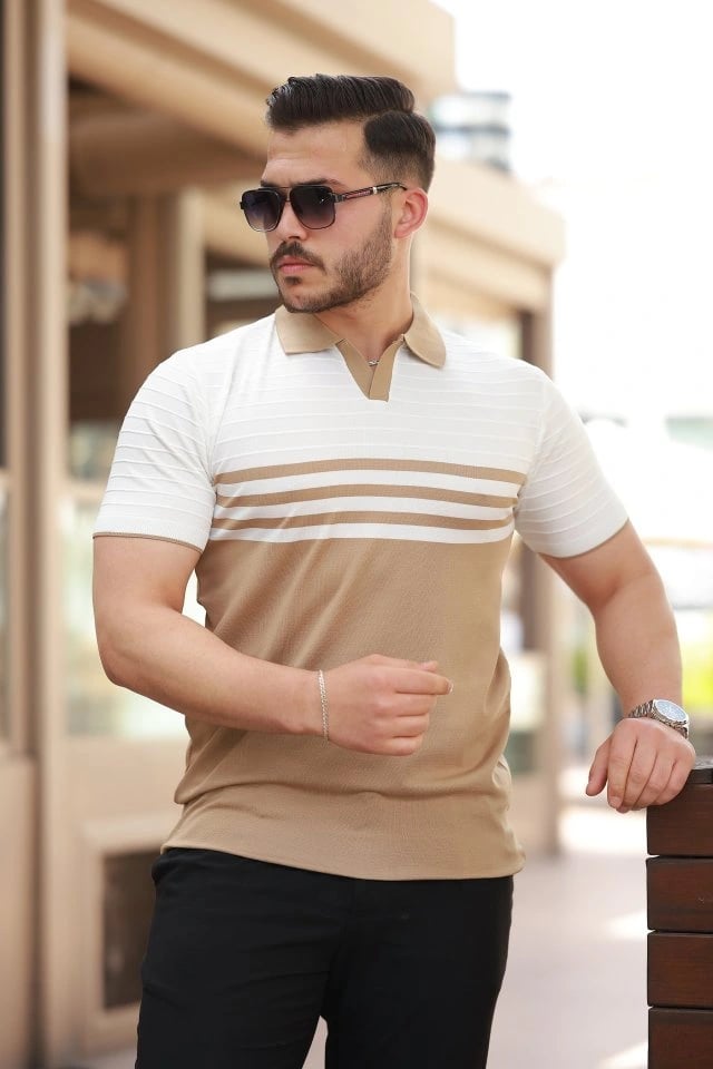 Erkek çizgi Desenli Yakalı Kısa Kollu T-shirt