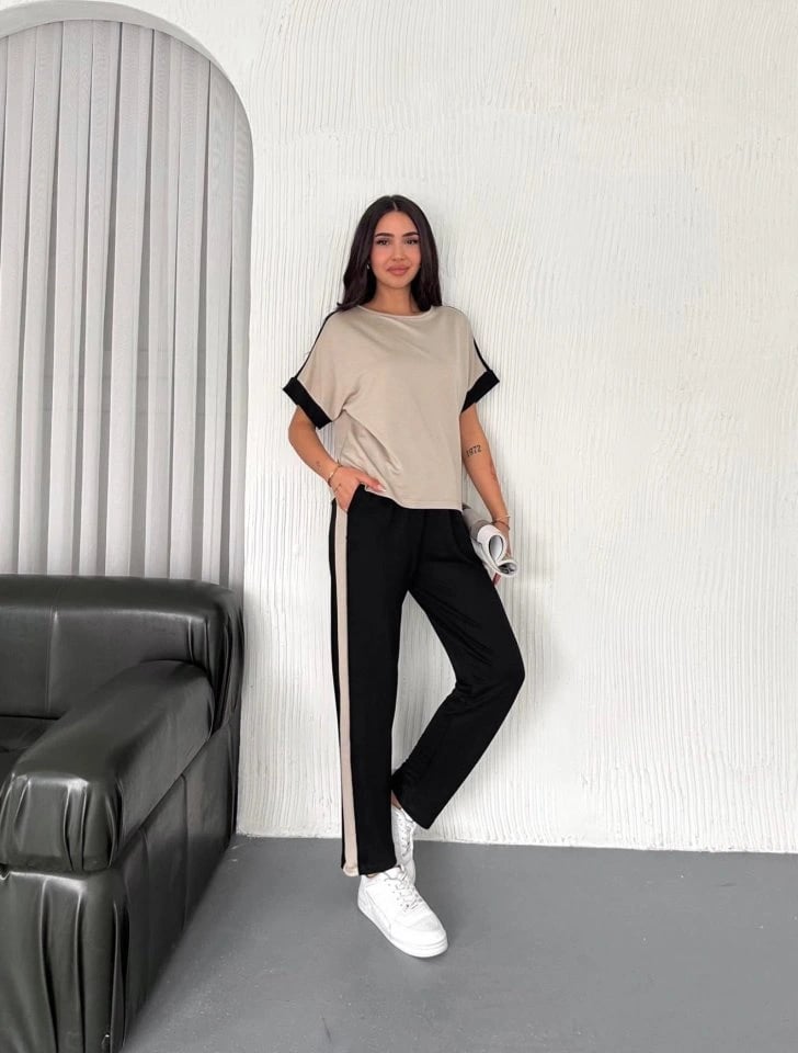 Kadın Modal Dokulu Kumaş Yanı şeritli Takım