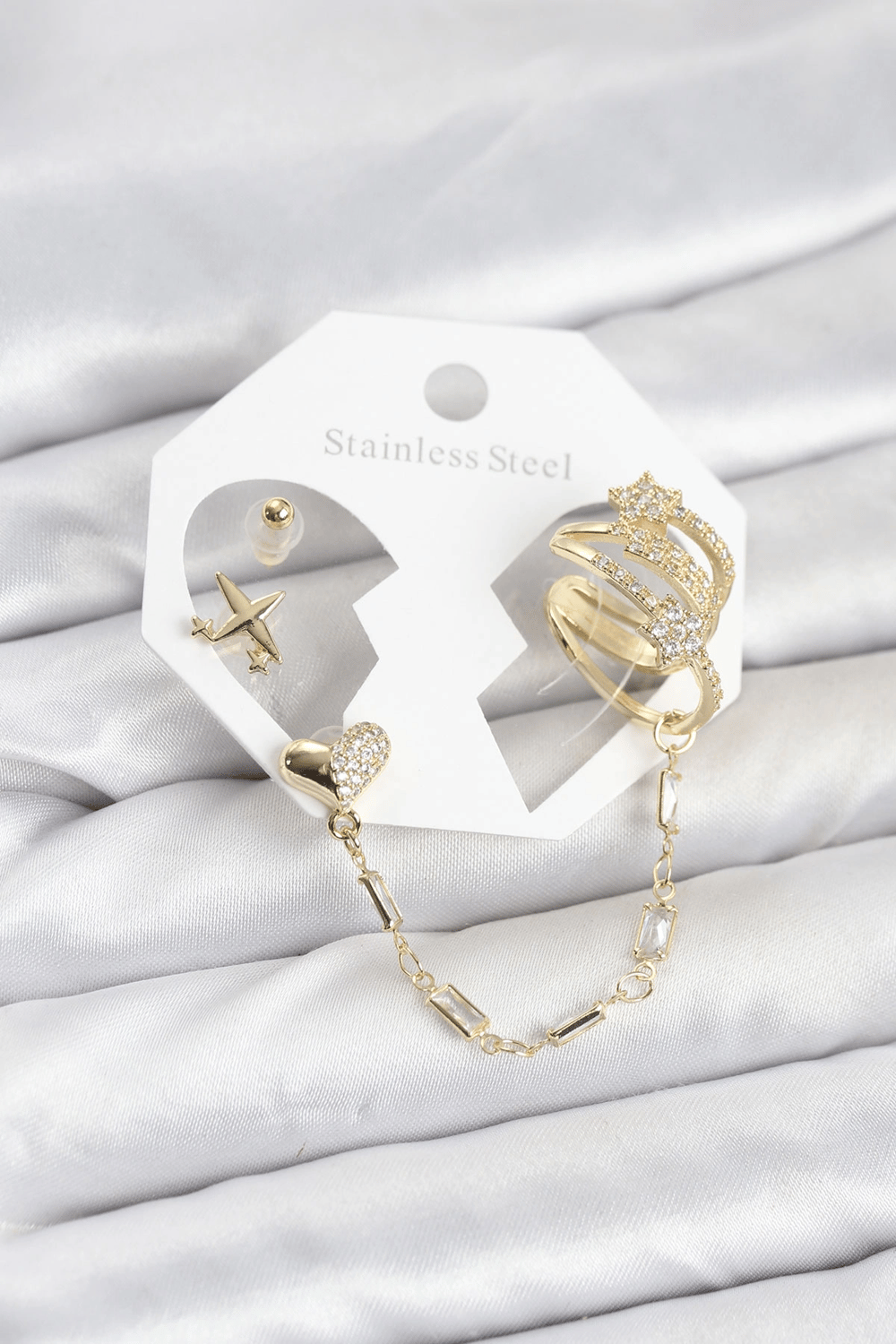 Kalp Yıldız Model Pirinç Gold Renk Zincir Bağlantılı Ear Cuff Küpe Seti