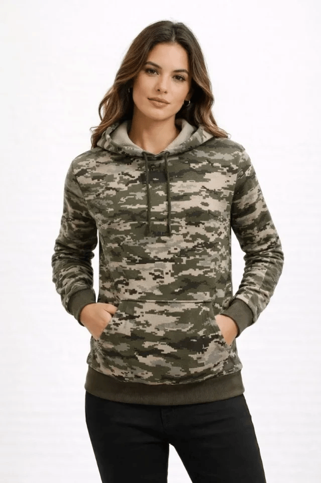 Kamuflaj Desenli 2 İplik 4 Mevsim Kapüşonlu Kanguru Cepli Hoodie Sweatshirt - Kamuflaj