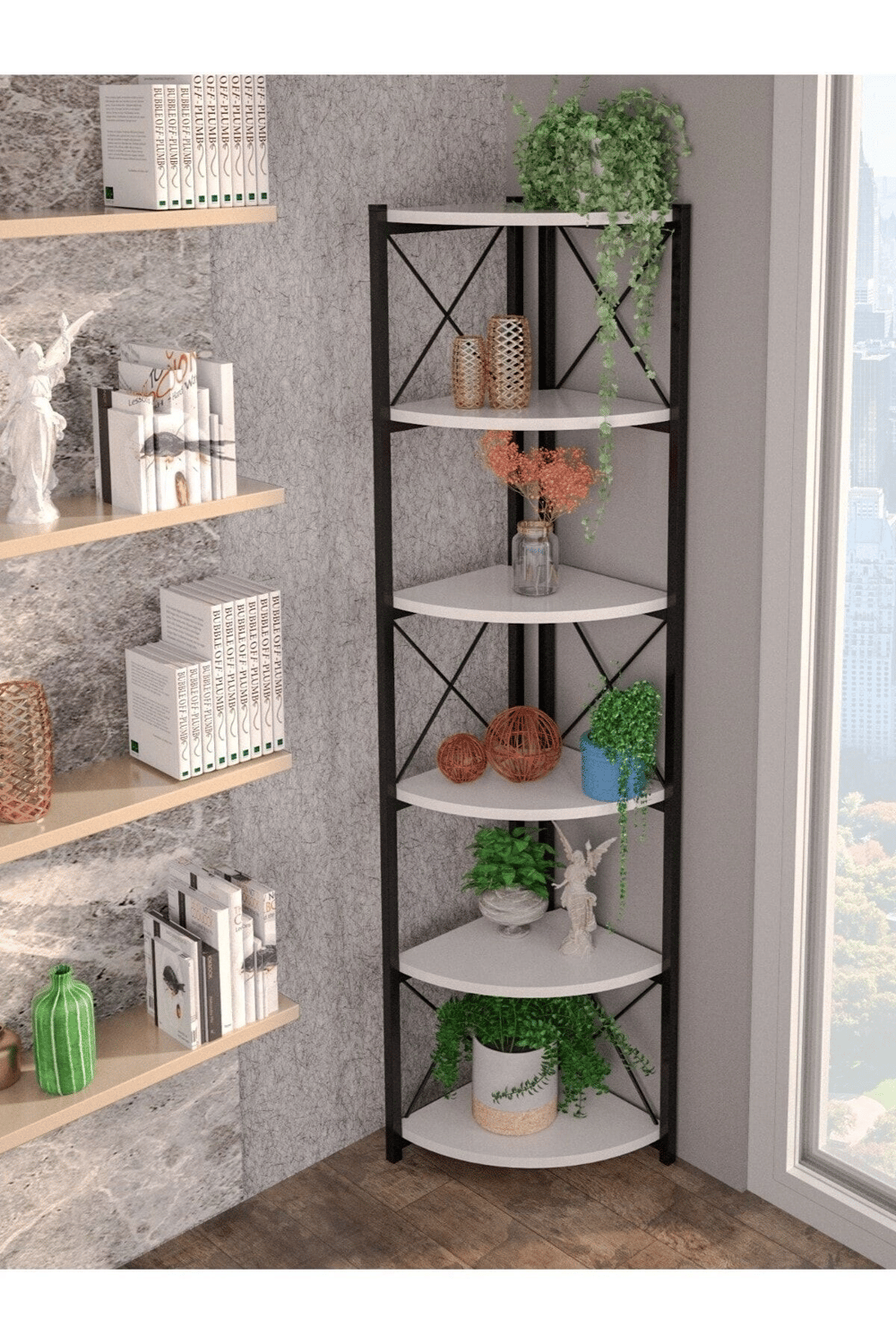 Kitaplık Çiçeklik 6 Raflı Beyaz Çok Amaçlı Stand Altı Bölmeli 160*30*43