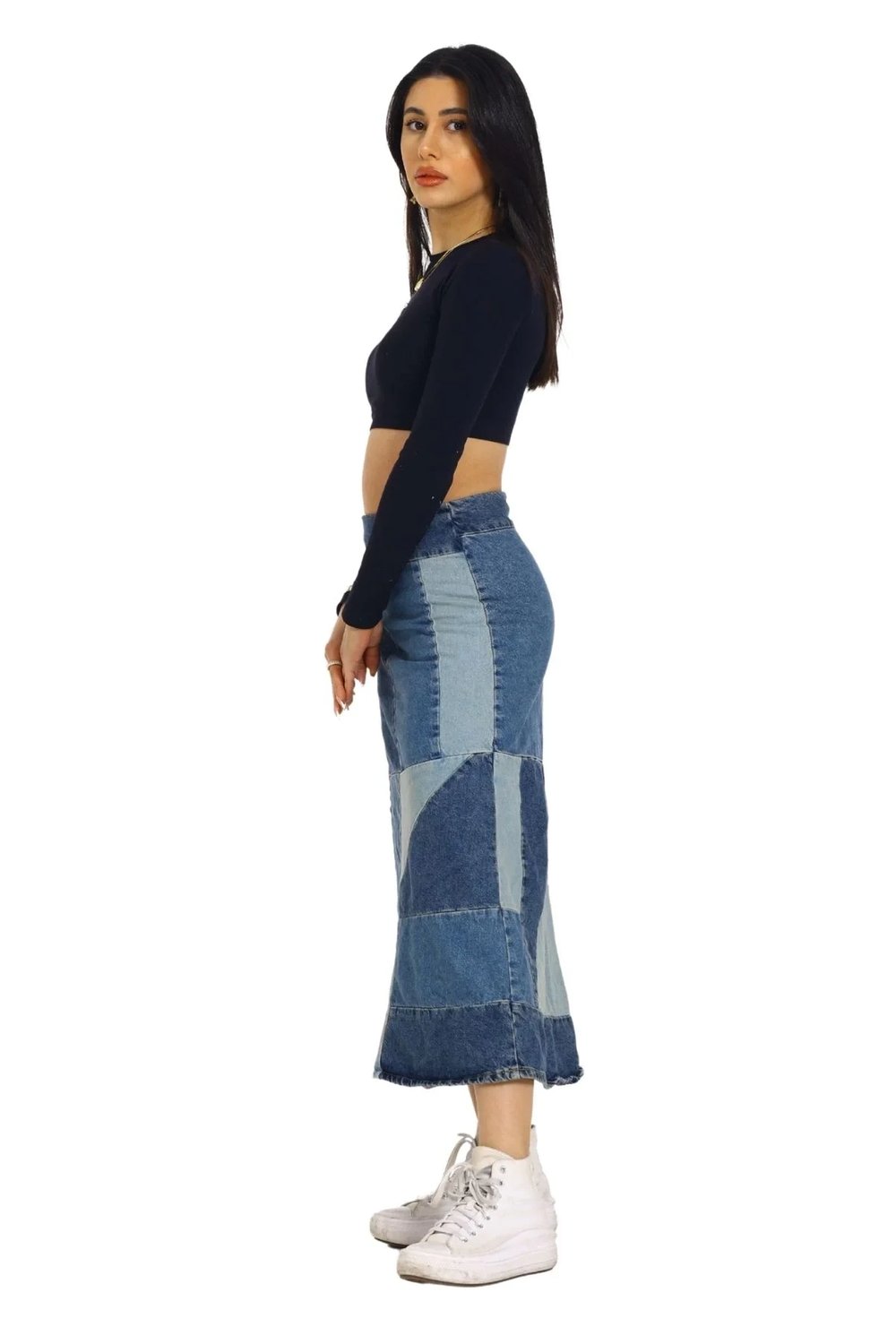 Mavi Patchwork Desenli Denim Kot Etek