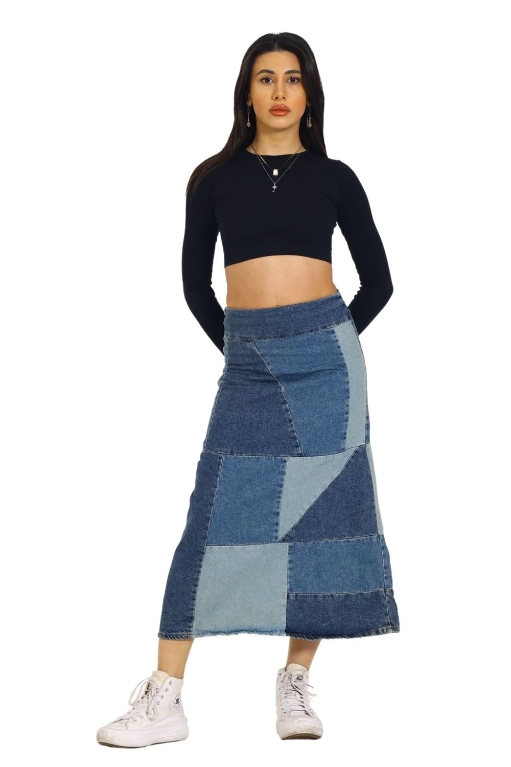 Mavi Patchwork Desenli Denim Kot Etek