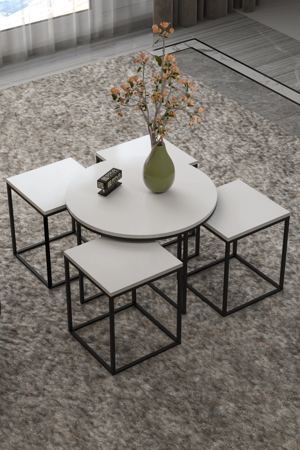 Orta Sehpa Ve Zigon Sehpa Oval Lüx 5Li Set Beyaz