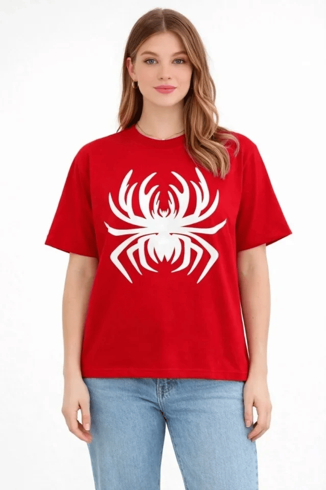 Örümcek Baskılı Tişört Kısa Kollu Bisiklet Yaka T-Shirt - Kırmızı