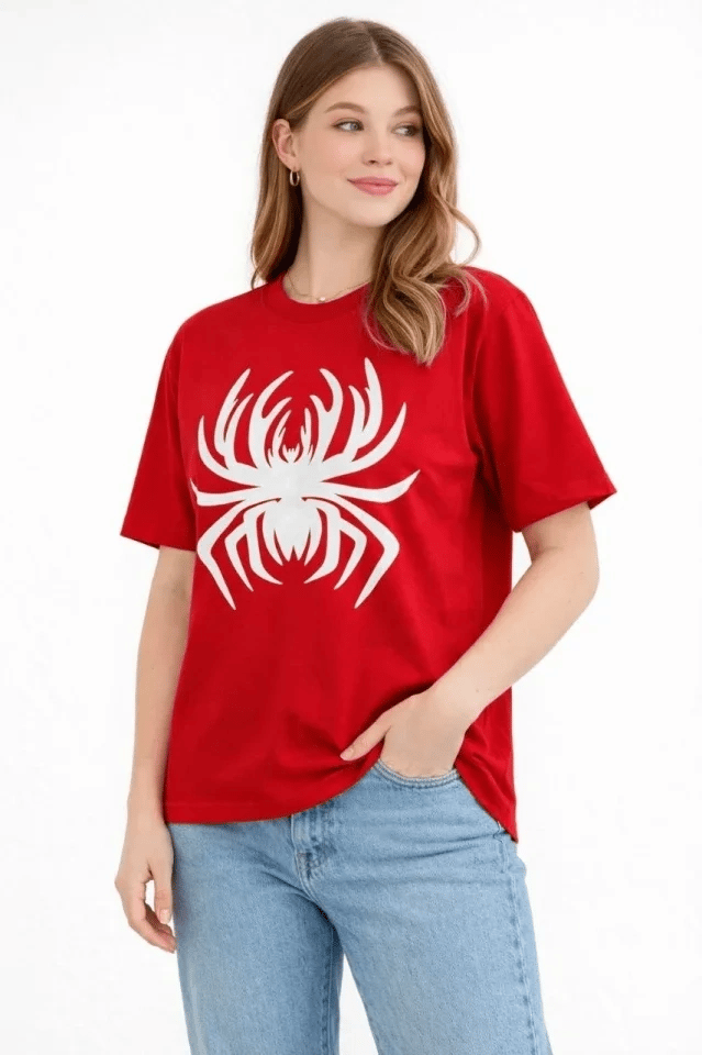 Örümcek Baskılı Tişört Kısa Kollu Bisiklet Yaka T-Shirt - Kırmızı