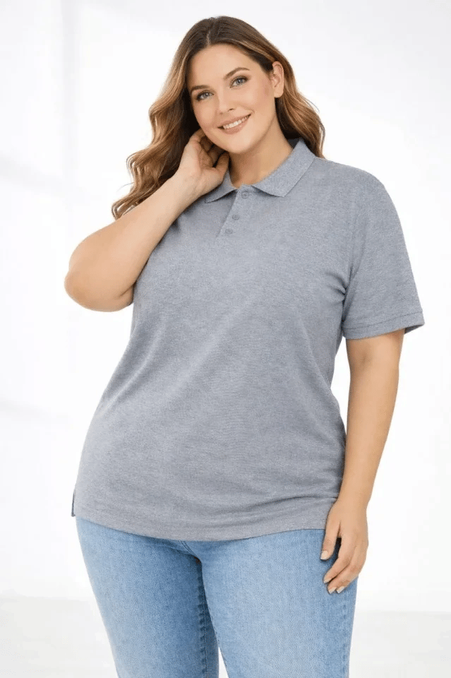 Pike Kumaş Düğmeli Yaka Battal Büyük Beden Günlük Kısa Kol Tişört T-shirt - Gri
