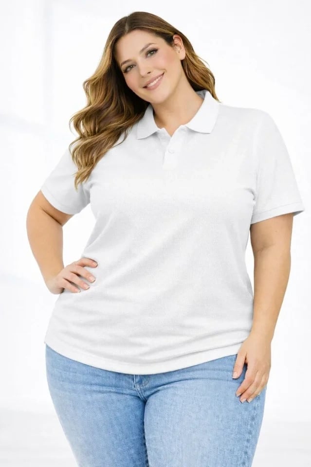 Pike Kumaş Düğmeli Yaka Battal Büyük Beden Günlük Kısa Kol Tişört T-shirt - Beyaz