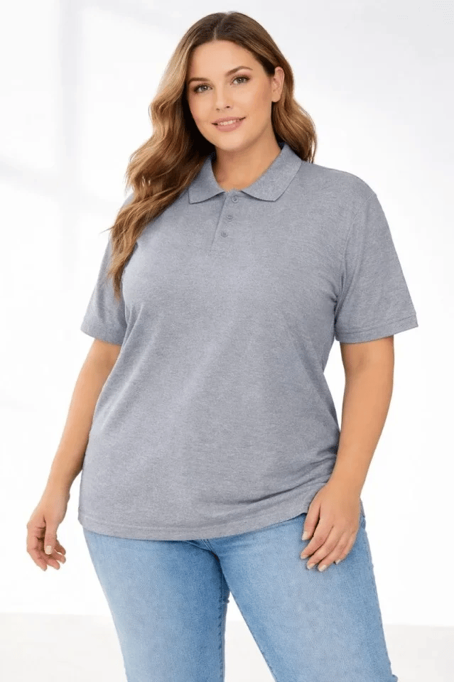 Pike Kumaş Düğmeli Yaka Battal Büyük Beden Günlük Kısa Kol Tişört T-shirt - Gri