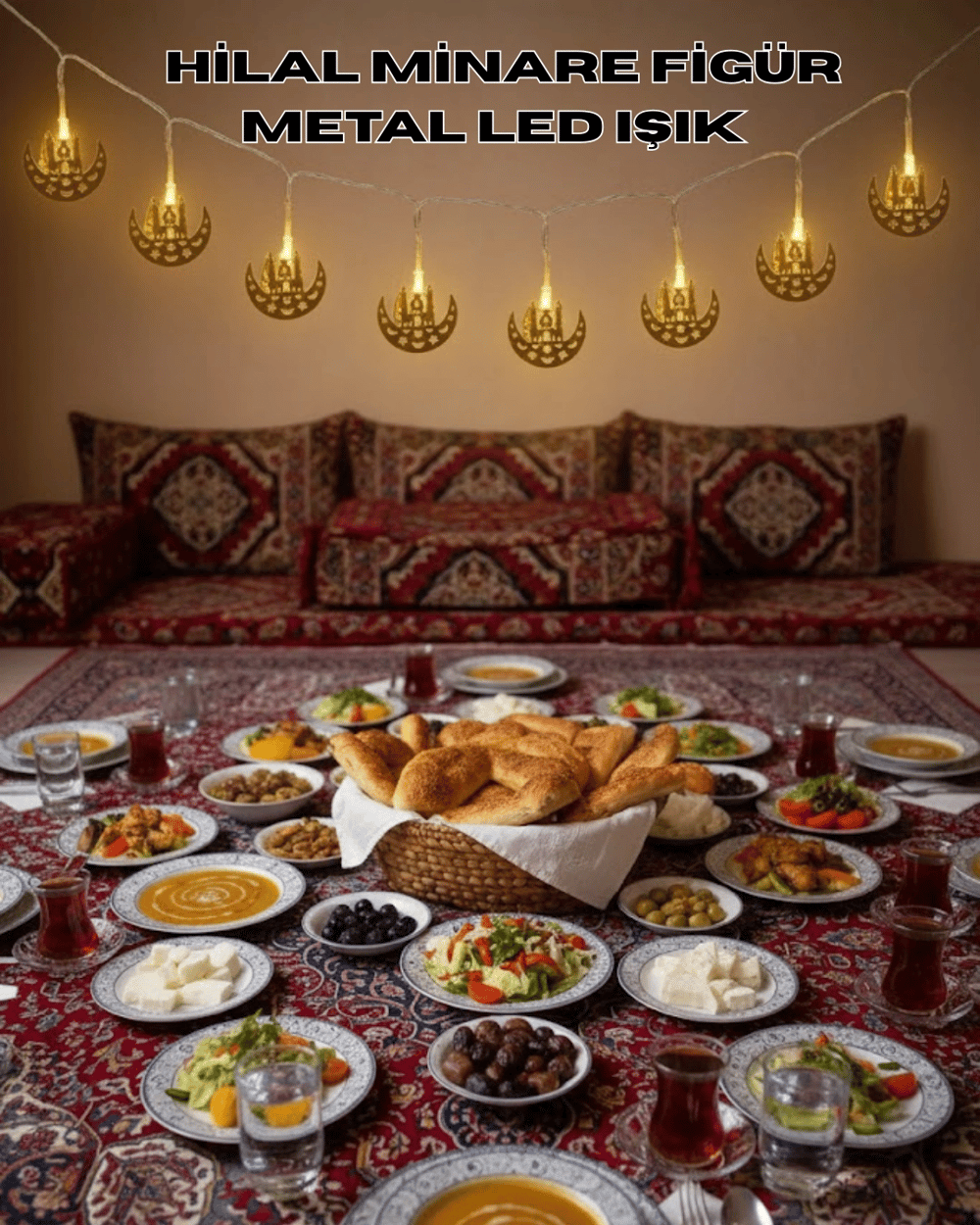 Pilli Minareli Hilal LED Işık Gold Metal Ramazan Dekorasyonu