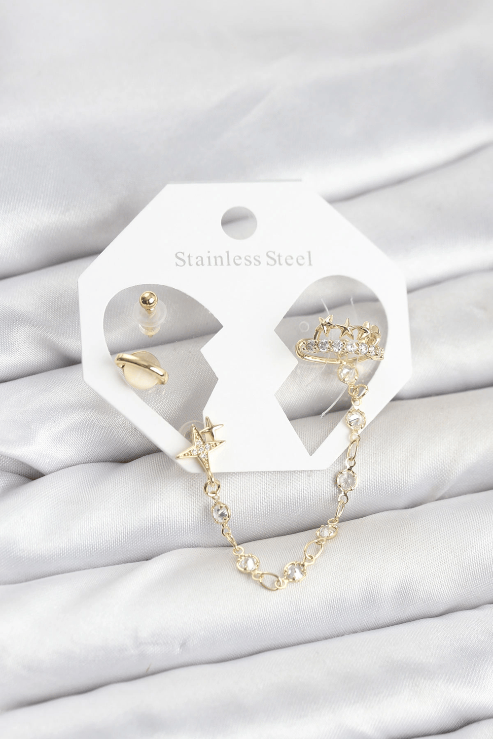 Pirinç Gold Renk Uzay Model Zincir Bağlantılı Ear Cuff Küpe Seti