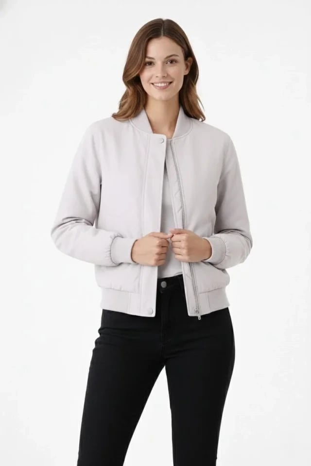 Premium Bomber Ceket Çıtçıt Kapamalı, Ribana Manşetli, Astarlı, Regular Fit Mont - Beyaz