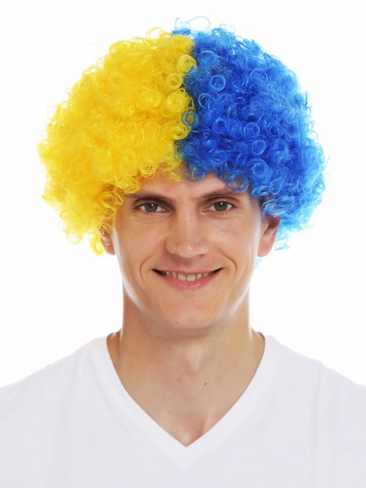 Sarı Lacivert Kıvırcık Afro Bonus Taraftar Peruğu