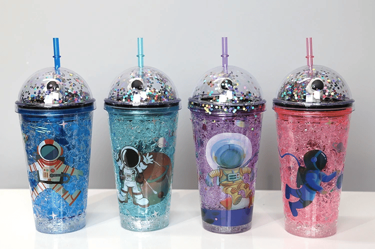 Sevimli Astronot Pipetli Işıklı Pullu Suluk Bardak 400 ml