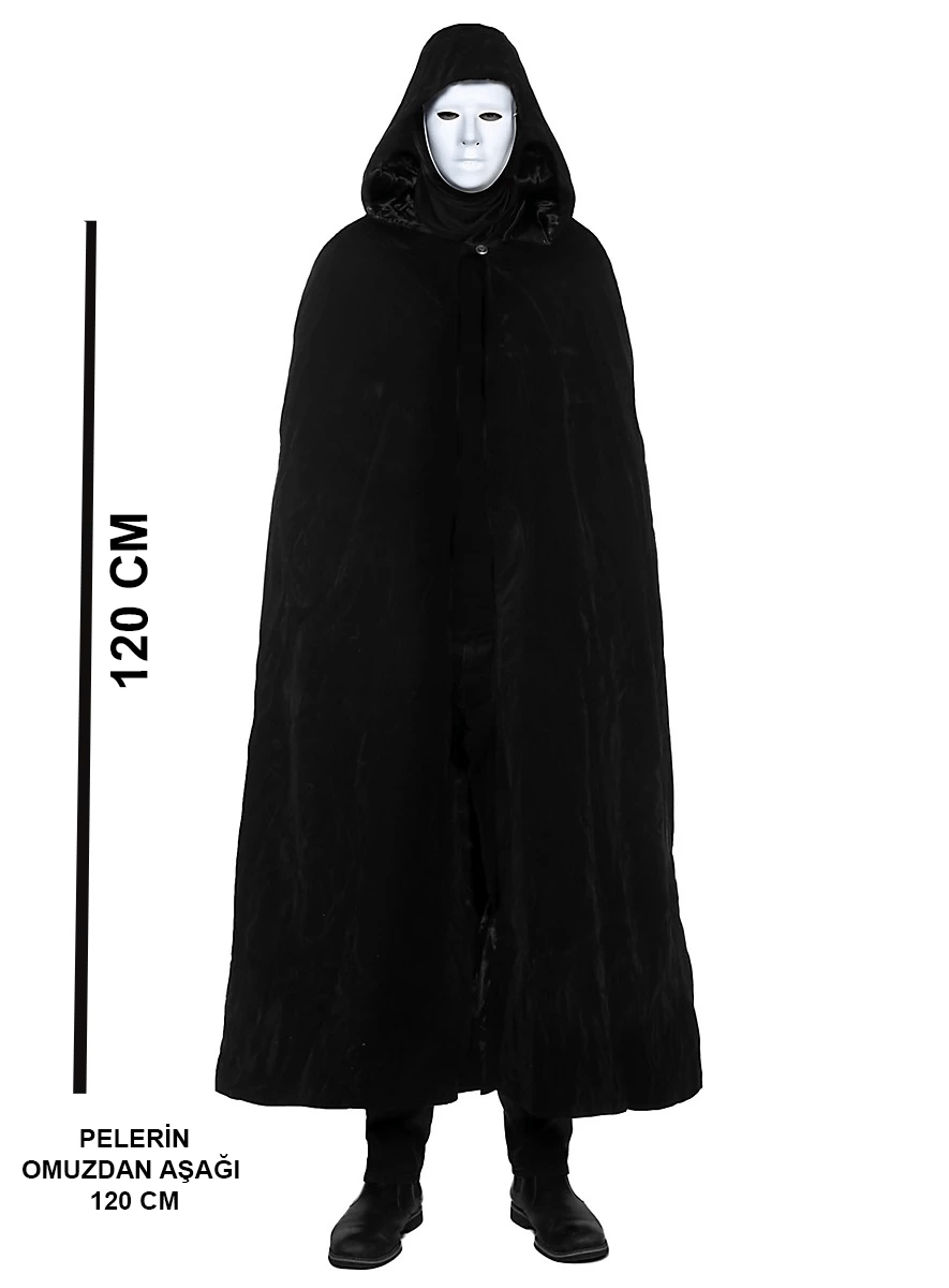Siyah Kapüşonlu 120 cm Pelerin ve Beyaz Boyanabilir Tam Yüz Maske
