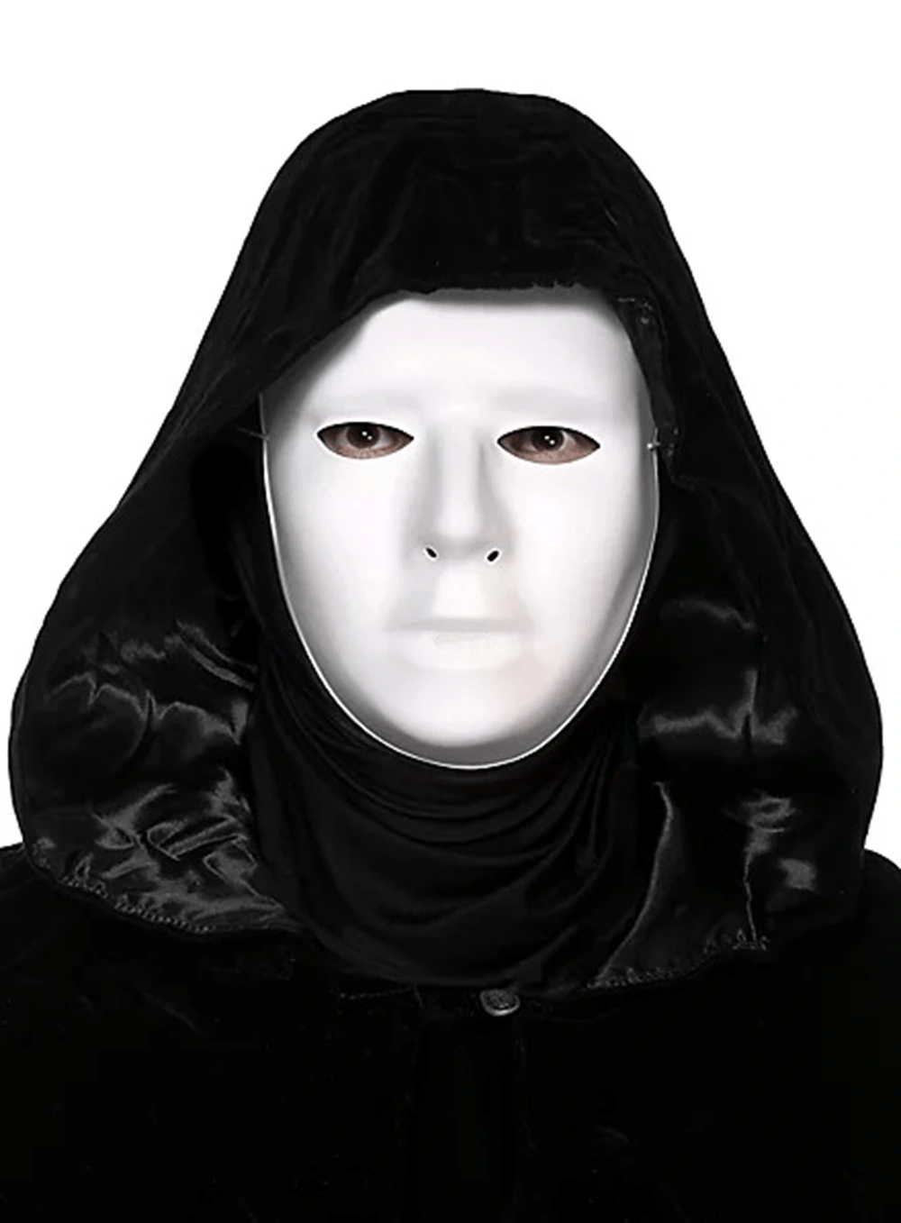 Siyah Kapüşonlu 120 cm Pelerin ve Beyaz Boyanabilir Tam Yüz Maske