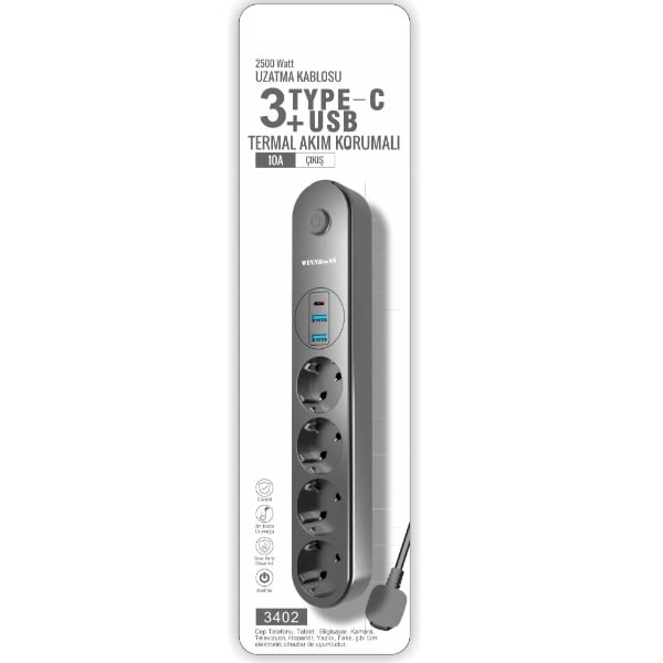 Termal Akım Korumalı 4 Prizli USB Girişli Uzatma Kablosu