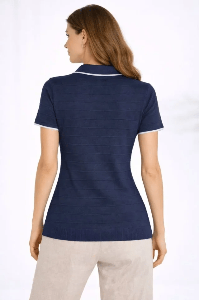 Triko Kumaş Yakalı Düğmesiz Açık Yaka Fitilli Kısa Kollu Regular Fit Tişört T-shirt - Lacivert