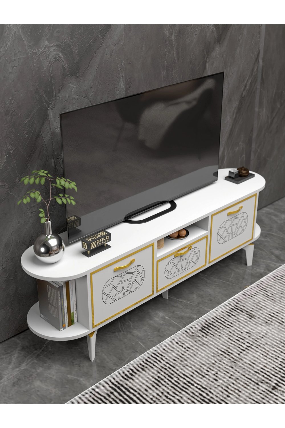 Tv Sehpası Mira Gold 5032 Beyaz 160 Cm 35 Cm 50 Cm