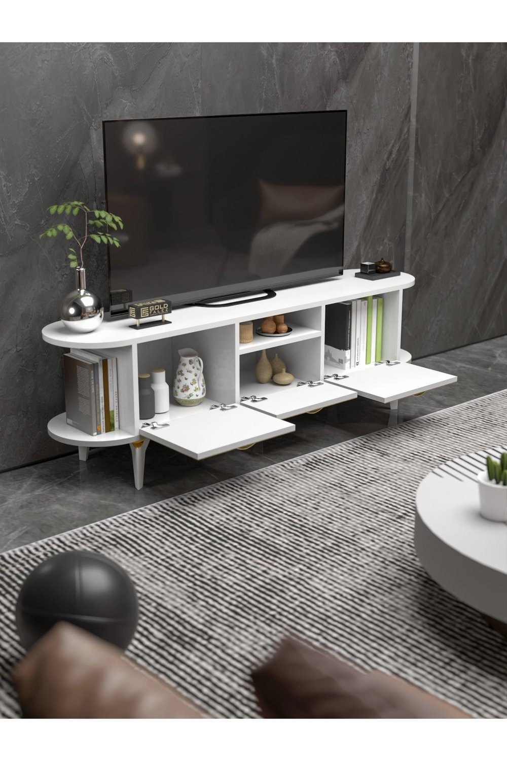 Tv Sehpası Mira Gold 5032 Beyaz 160 Cm 35 Cm 50 Cm