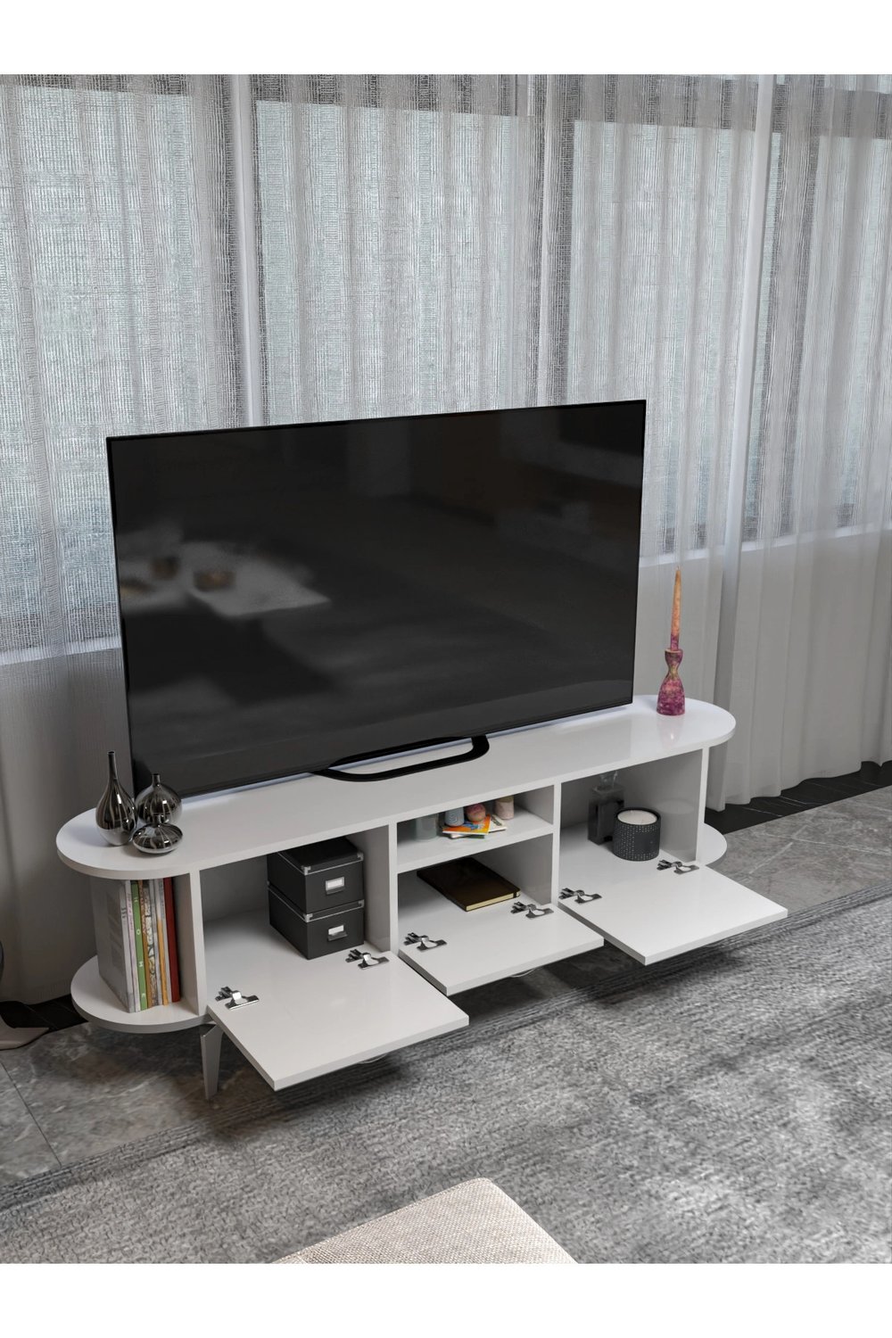 Tv Sehpası Mira Gümüş 5033 Beyaz 160 Cm 35 Cm 50 Cm