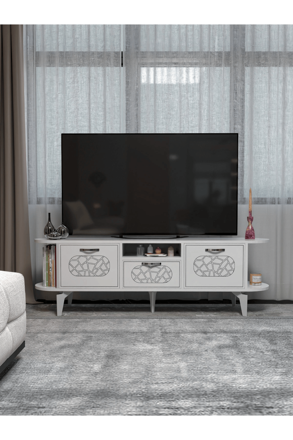 Tv Sehpası Mira Gümüş 5033 Beyaz 160 Cm 35 Cm 50 Cm