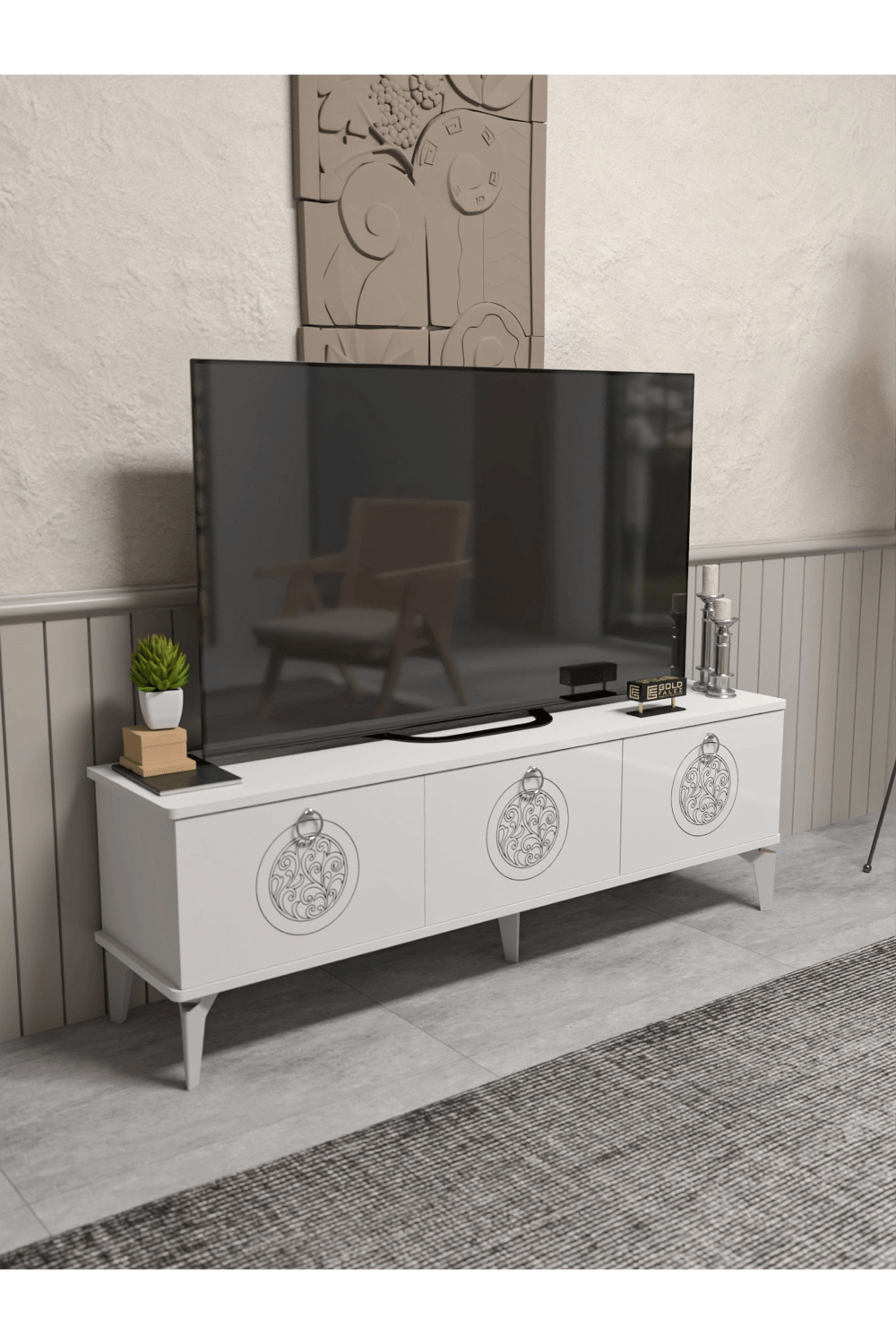 Tv Sehpası Tv Ünitesi Beyaz Gümüş 160 Cm Saraylı 5063