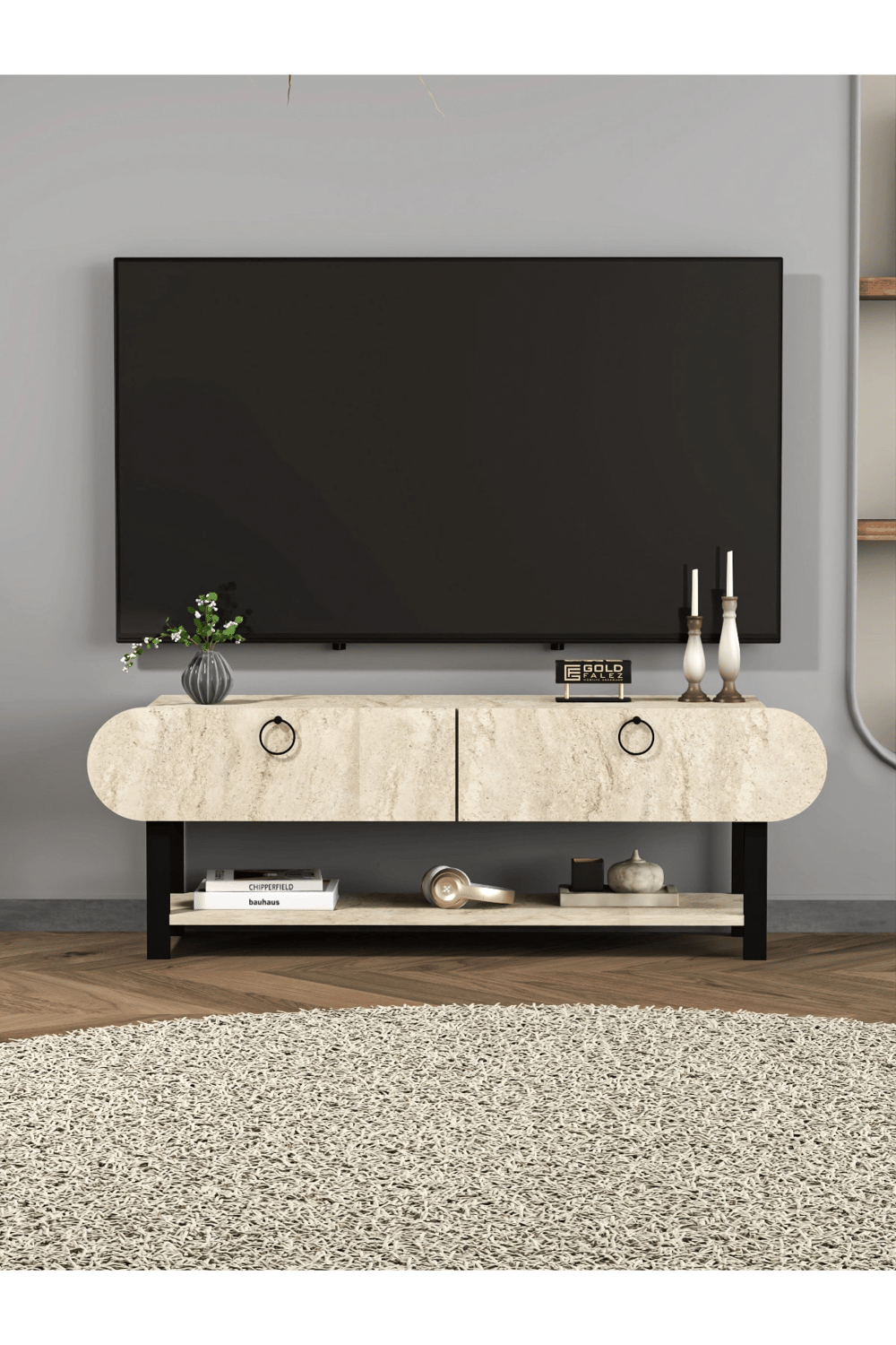 Tv Sehpası Tv Ünitesi Kapaklı Raflı Setro Traverten