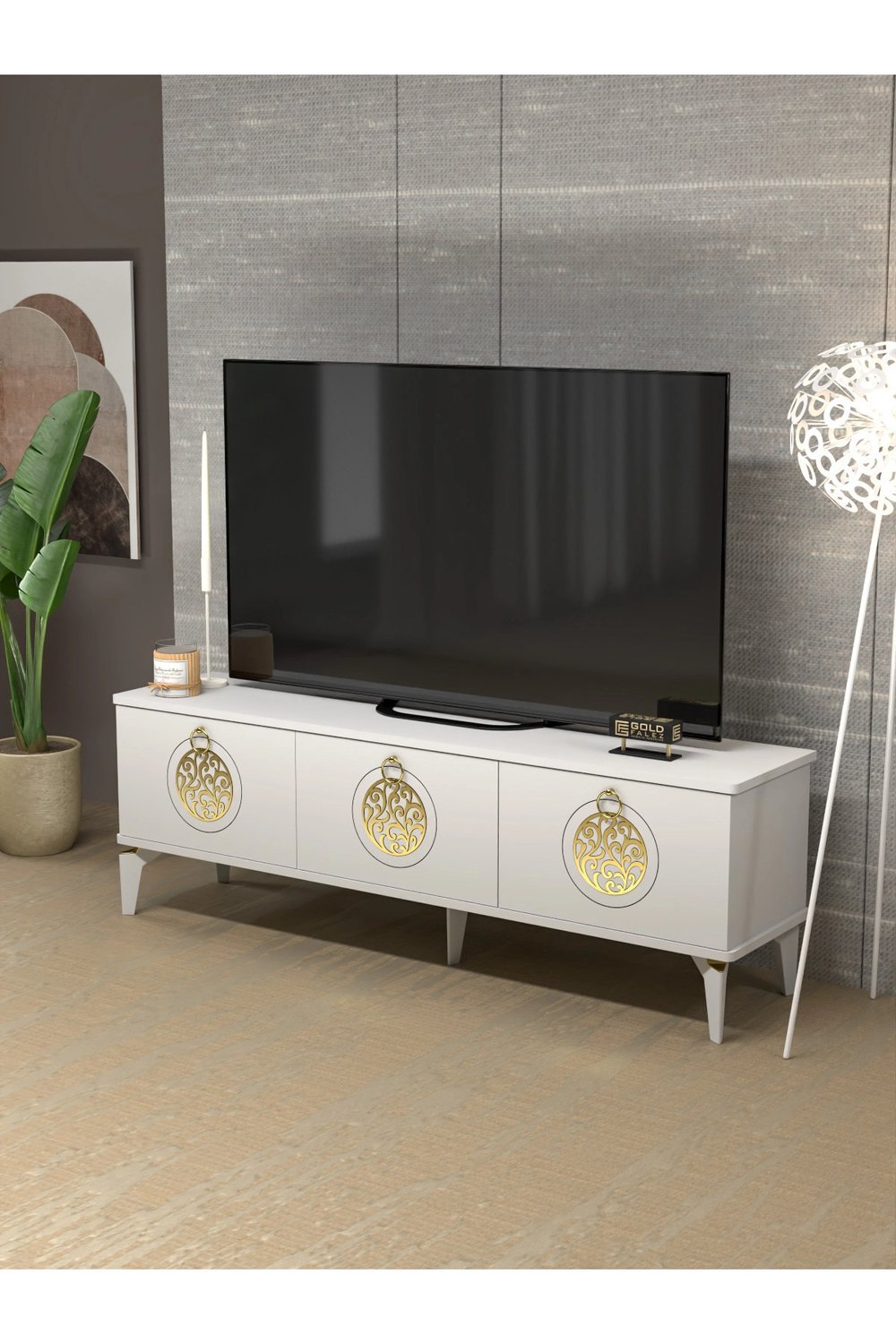 Tv Sehpası Tv Ünitesi Saraylı Beyaz Gold 5062