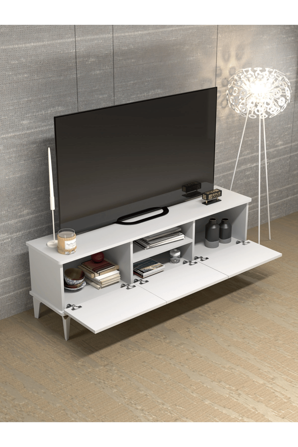 Tv Sehpası Tv Ünitesi Saraylı Beyaz Gold 5062