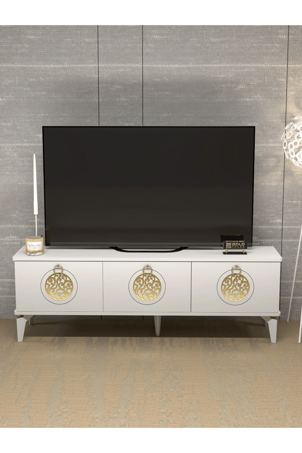 Tv Sehpası Tv Ünitesi Saraylı Beyaz Gold 5062