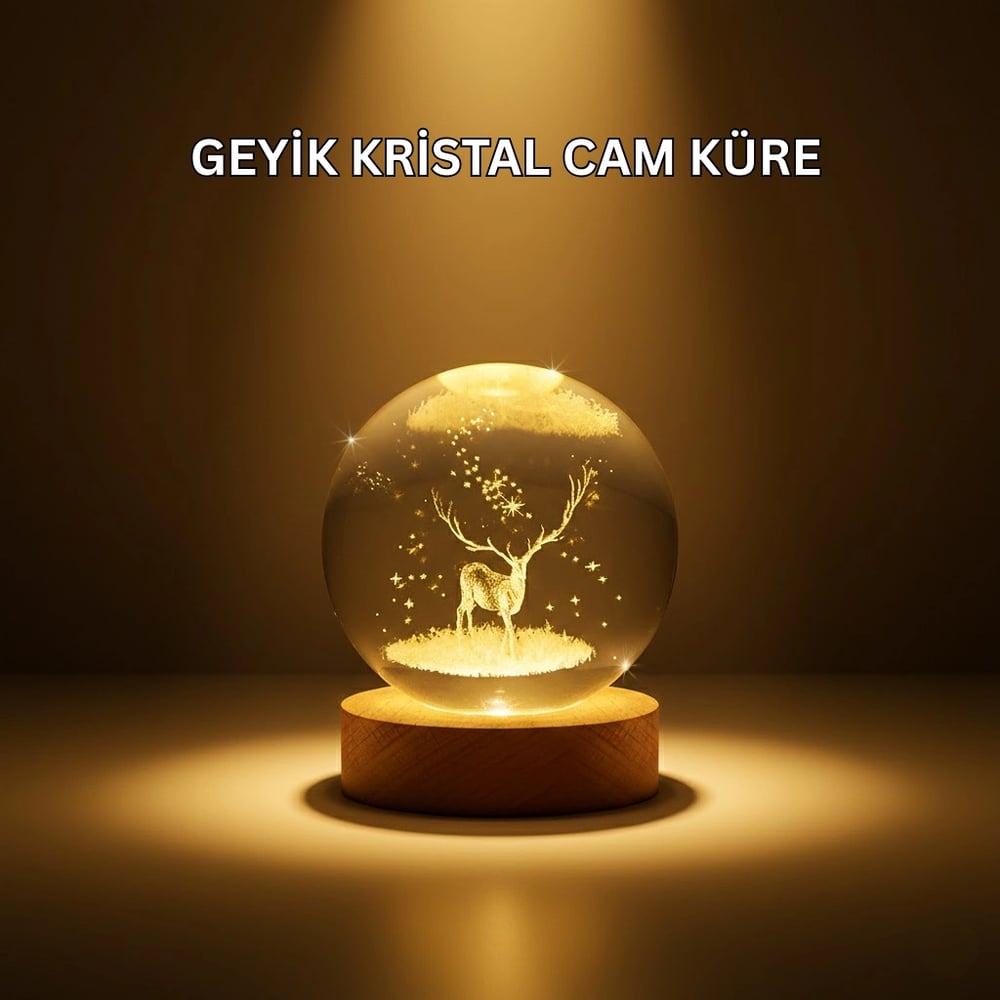 USB Bağlantılı Geyik Temalı Kristal Küre Premium Masa Gece Lambası