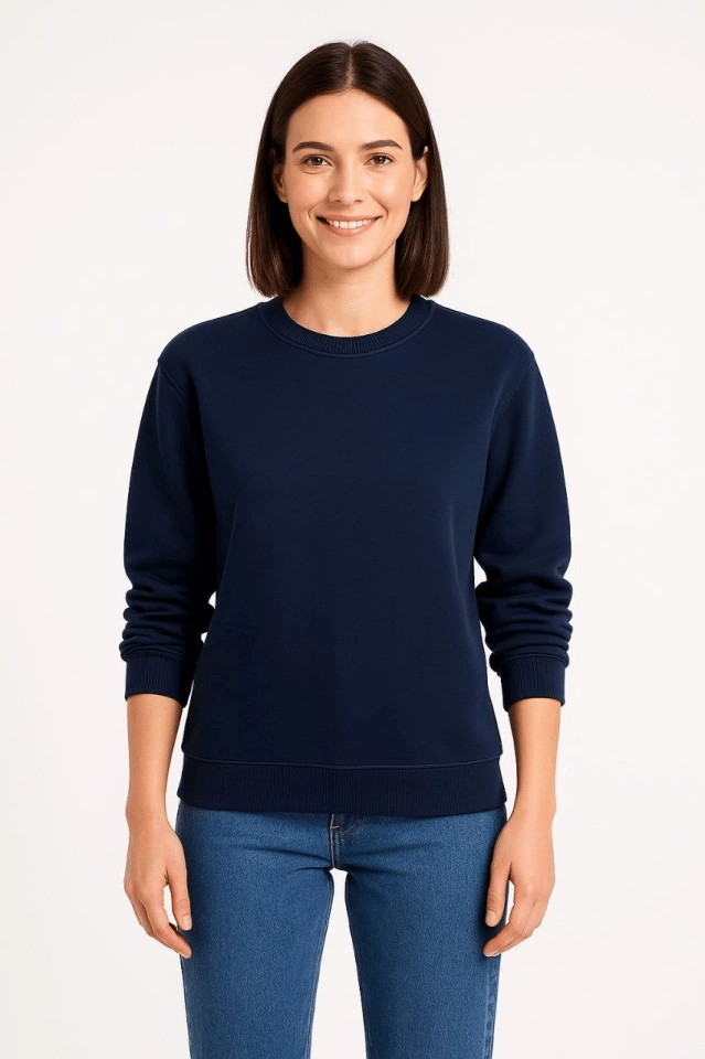 Üç İplik Düz Bisiklet Yaka SweatShirt - Lacivert