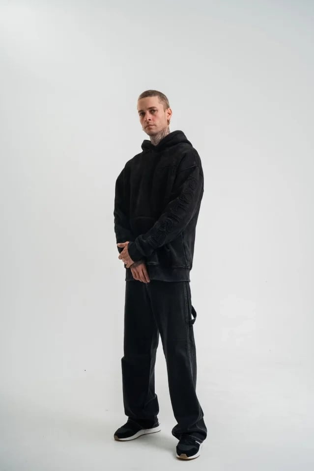 Unisex Uzun Kol Kapşonlu Yıkamalı Nakışlı SweatShirt - Siyah