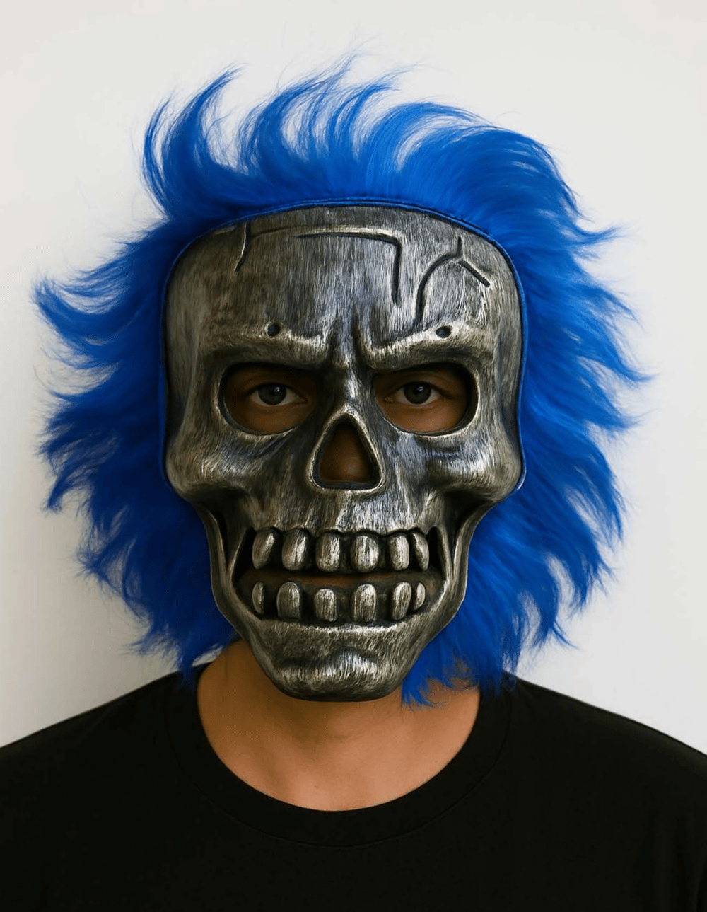 Wild Skull - Gümüş Kafatası Mavi Saçlı İskelet Maske