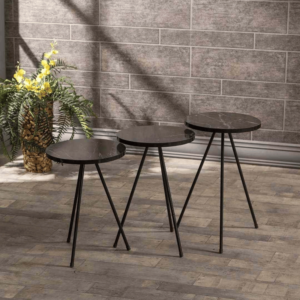 Zigon Sehpa 3 Lü Metal Ayak  Siyah Mermer Desen