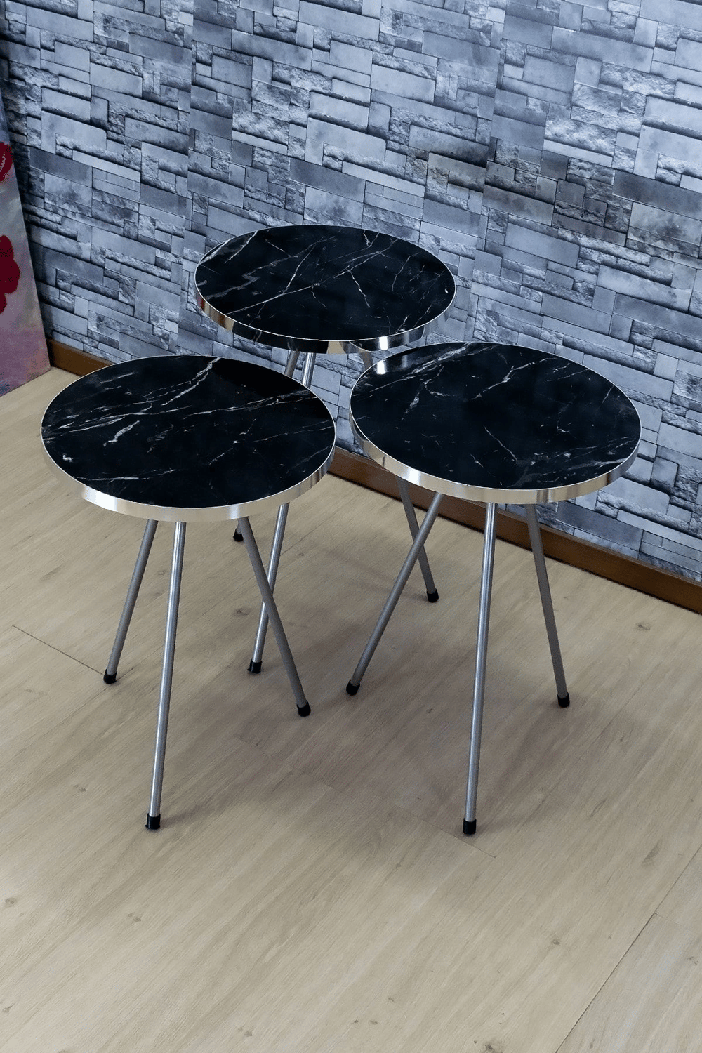 Zigon Sehpa 3lü Gümüş Metal Ayak Gümüş Siyah Bendir 1069