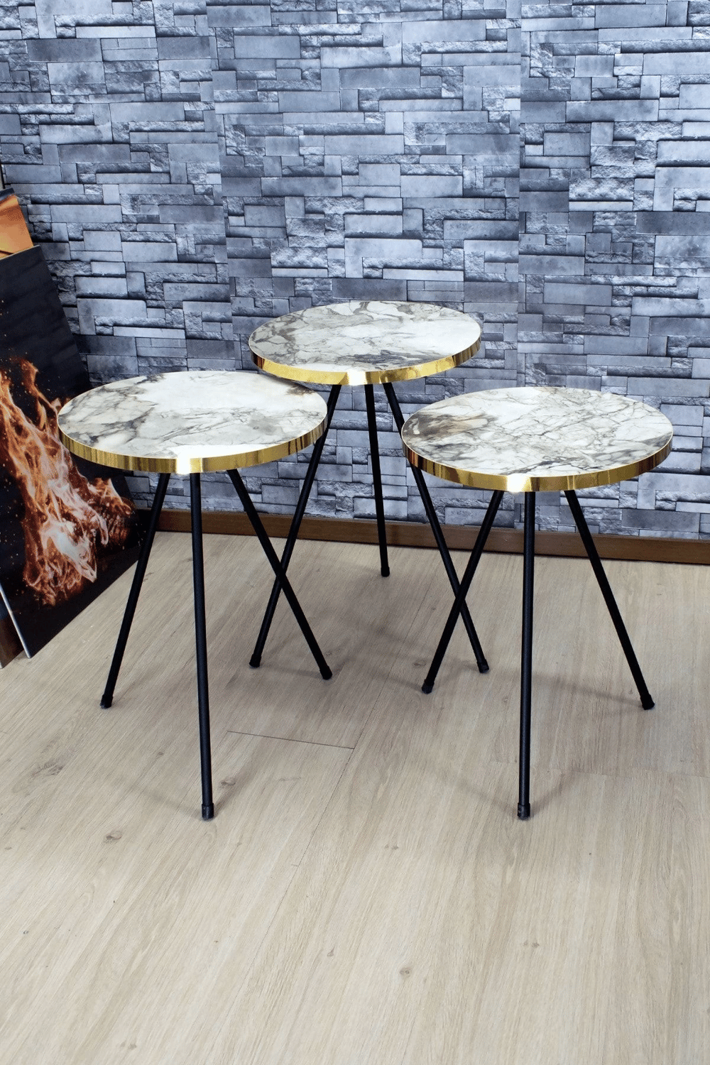 Zigon Sehpa 3lü Siyah Metal Ayak Altın Efes 1067
