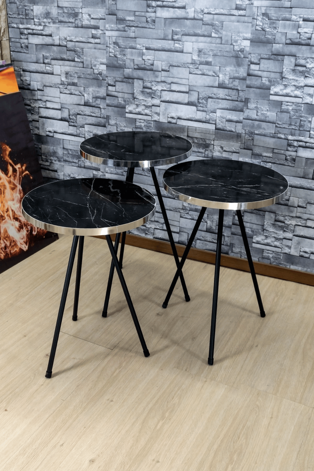 Zigon Sehpa 3lü Siyah Metal Ayak Gümüş Siyah Bendir 1070
