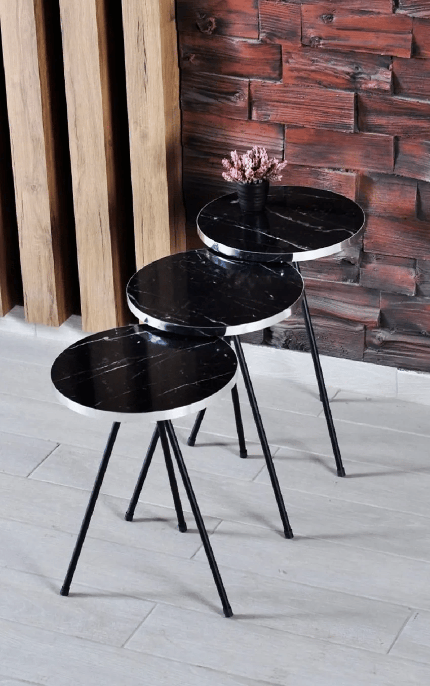 Zigon Sehpa 3lü Siyah Metal Ayak Gümüş Siyah Bendir 1070