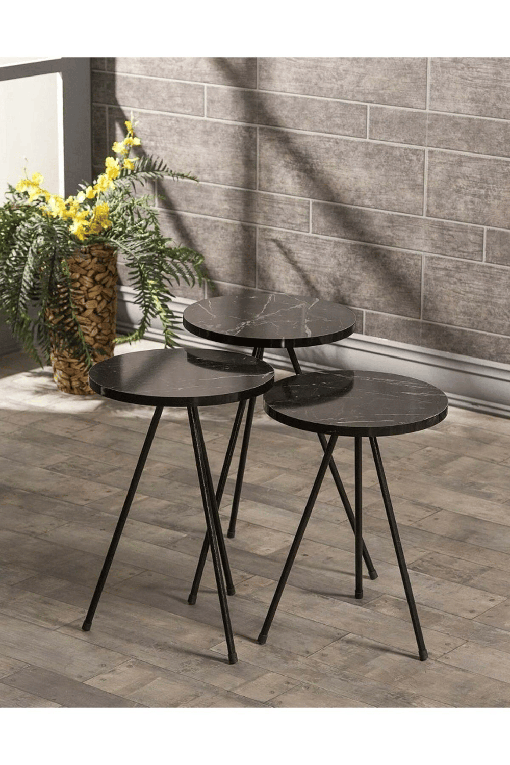 Zigon Sehpa Ve  Orta Sehpa Set  Metal  Elips Siyah Mermer Desen
