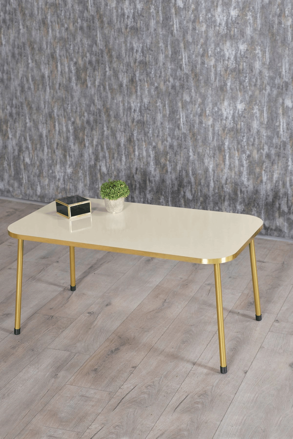 Zigon Sehpa ve Orta Sehpa Kr Gold Metal Ayak Gold Krem Set