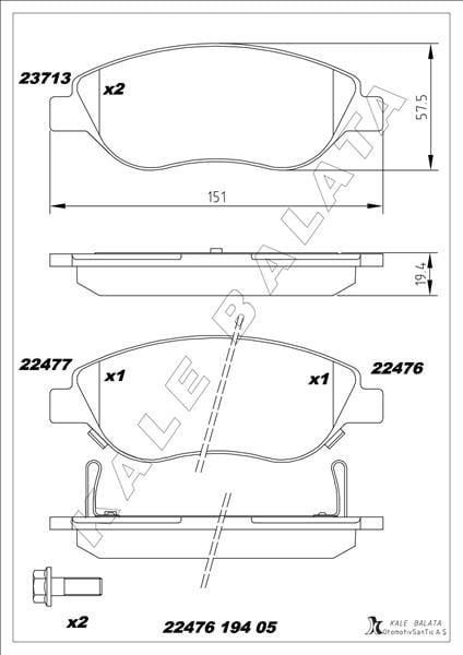 ON BALATA FIAT EGEA 15> 1.4 1.5 T4 HIBRIT 1.6 D K:19 MM G:151.1 MM BÜYÜK TİP