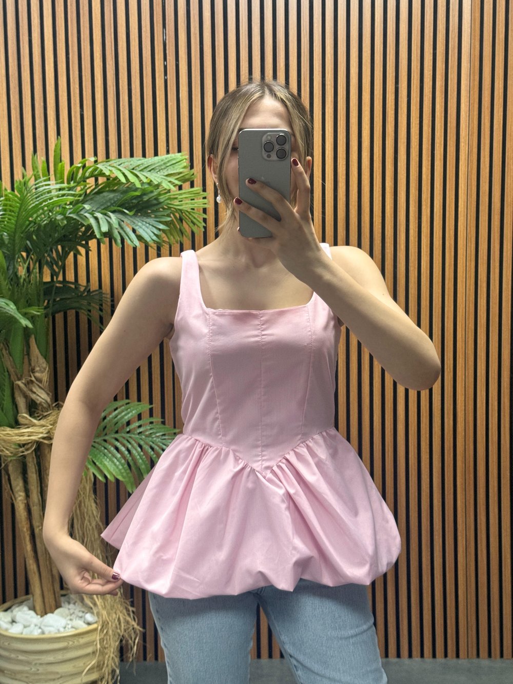 pembe askılı poplin kumaş bluz